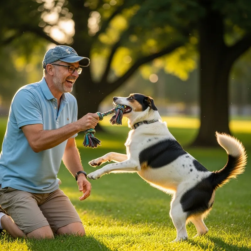 Man with Cap Playing with White, Black & Brown Dog Man with Cap Playing with White, Black & Brown Dog