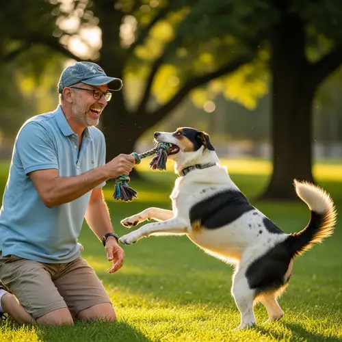 Middle-Aged Man Playing with Tricolor Dog in Park