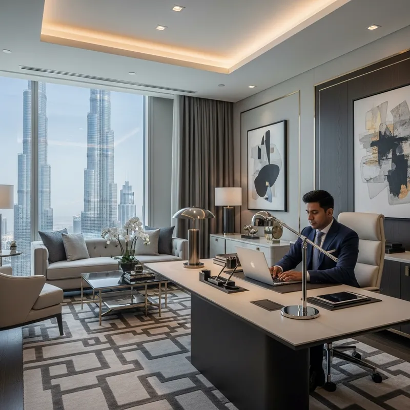 Modern Office Room with Burj Khalifa View in Dubai Skyscraper | Business Work Environment
