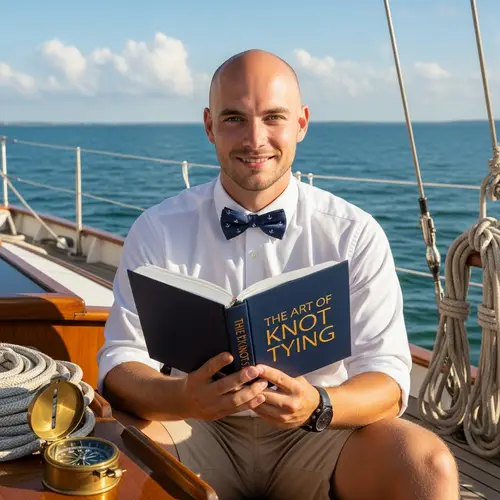 Youthful Skipper with Book: Confident Bald Head & Blue Eyes