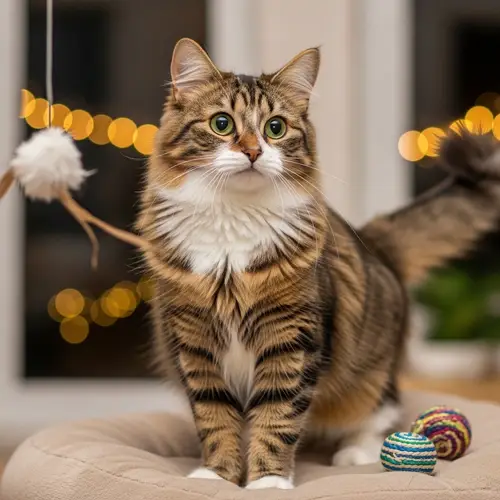 Fluffy Domestic Cat with Glossy Brown and White Fur