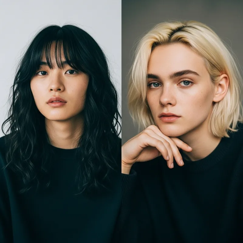 Two Young Individuals, One with Black Wavy Hair and One with Blonde Hair