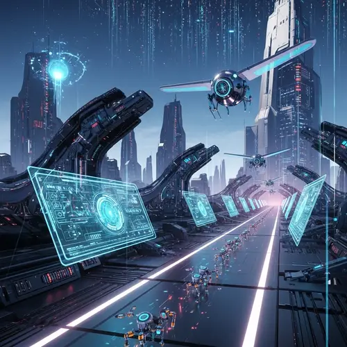 Futuristic Technology Landscape with Advanced Alloys and Hovering Drones