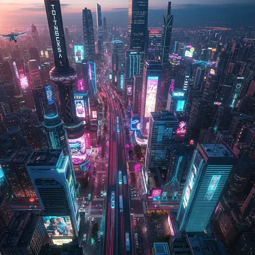 Futuristic Cityscape at Dusk: Vibrant Cyberpunk Urban Scene