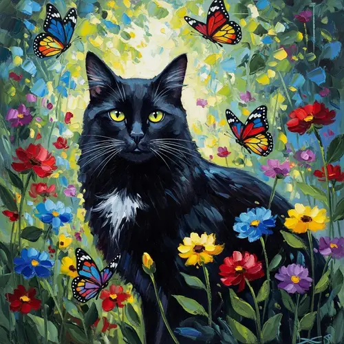 Majestic Black Cat in Vibrant Garden - Impressionistic Artwork