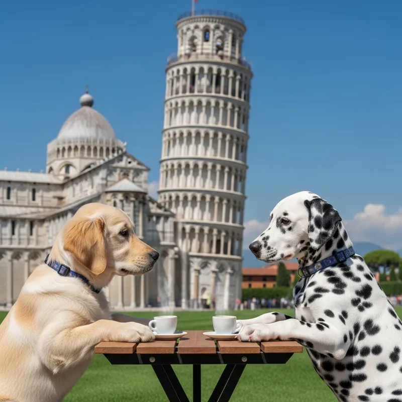 Puppies Enjoying Coffee Date at Leaning Tower of Pisa in Italy