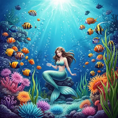 Magical Underwater Panorama: Enchanting Mermaid Amidst Marine Life
