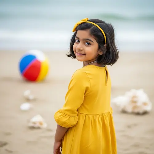 Vibrant Summer Portrait of Young South Asian Girl in Sunshine-Yellow Beach Dress