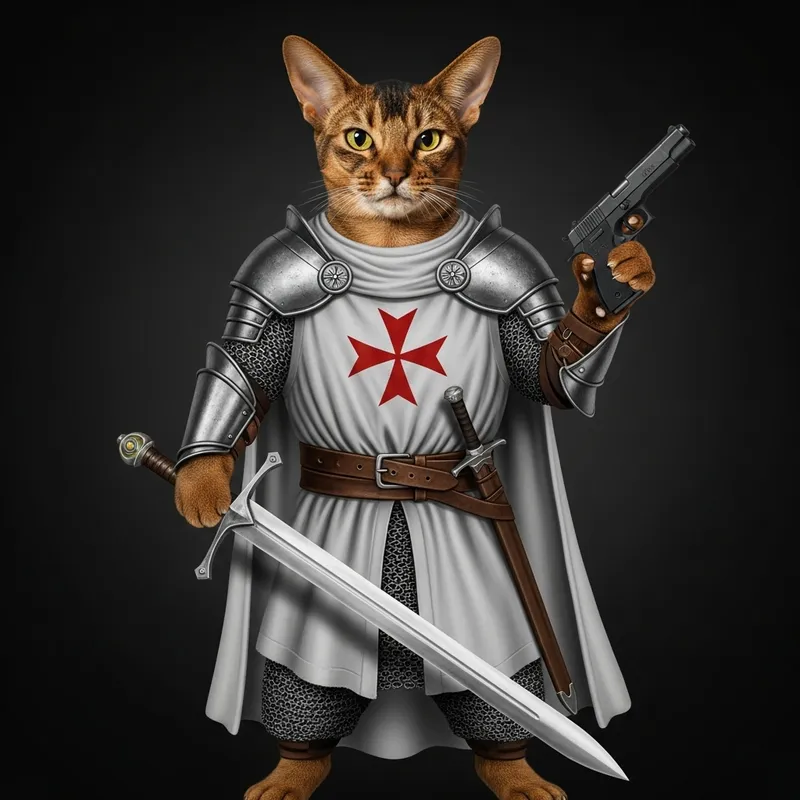Abyssinian Cat Templar Warrior with Sword and Gun