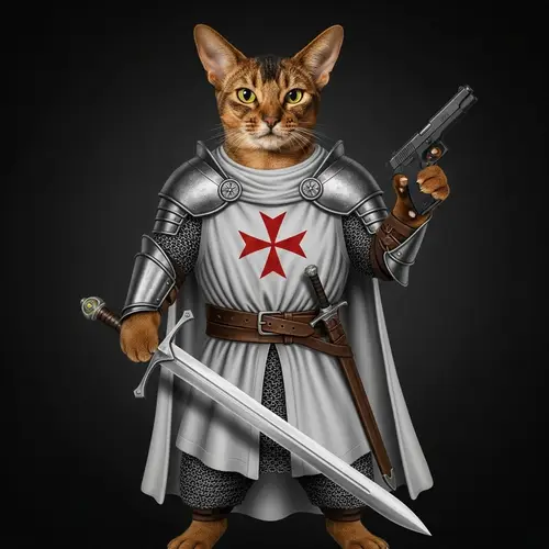 Abyssinian Cat Warrior in Chainmail Armor with Sword and Gun