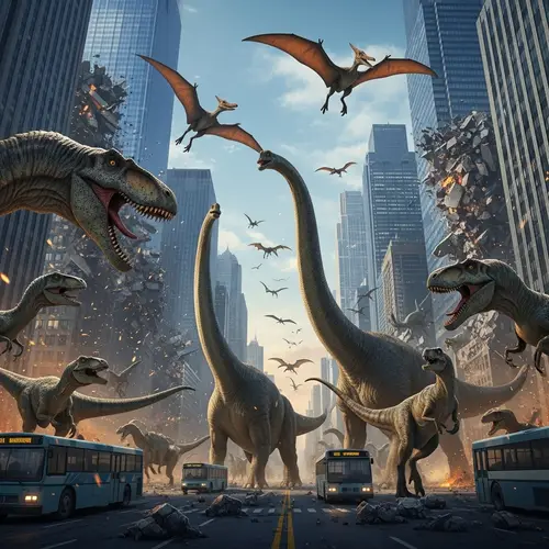 Chaos in Metropolis: Rampant Destruction by Dinosaurs