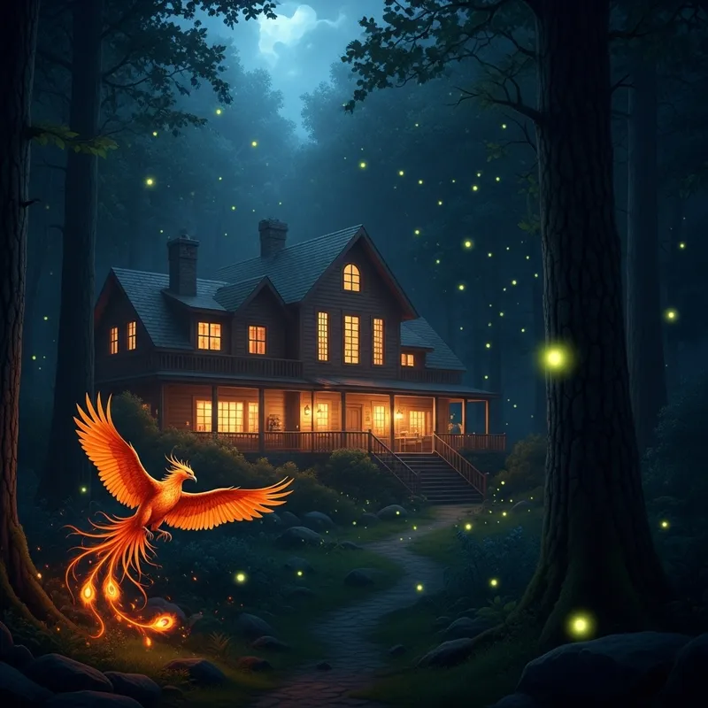 Cozy Wooden House in Enchanted Forest - Night with Phoenix and Fireflies