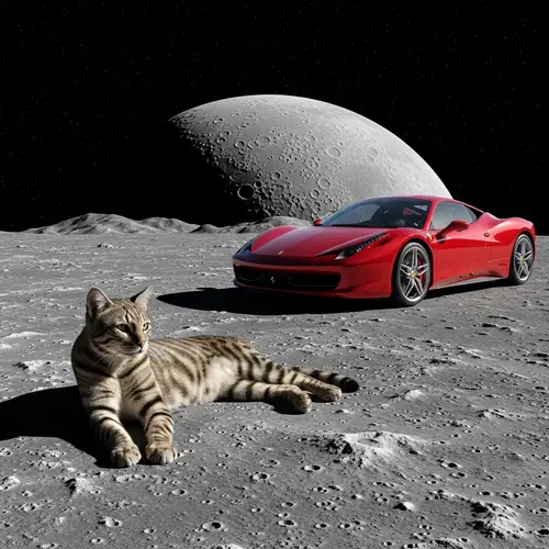 Feline Creature Lounging on Moon | Ferrari Car on Lunar Surface