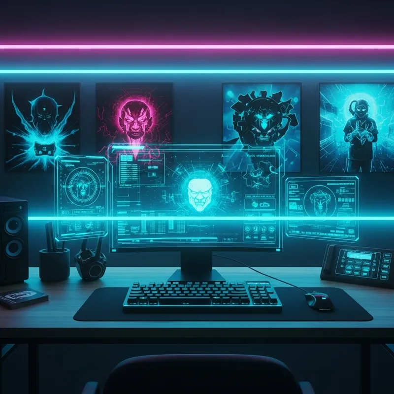 Intense Cyberpunk Office Vibes: Holographic Screens & Mechanical Keyboards Intense Cyberpunk Office Vibes: Holographic Screens & Mechanical Keyboards