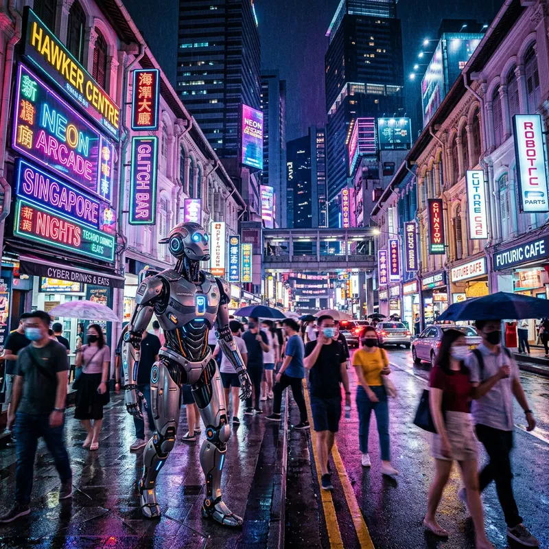 Futuristic Robot in Singapore's Neon Streets