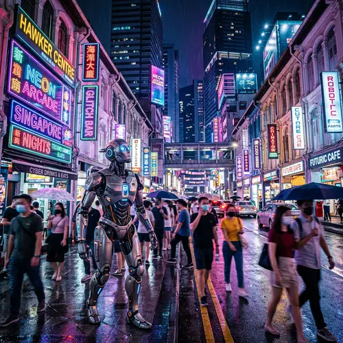 Futuristic Robot in Singapore's Neon Streets