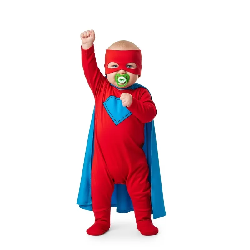 Supernatural Baby in Red Superhero Suit with Blue Cape Supernatural Baby in Red Superhero Suit with Blue Cape