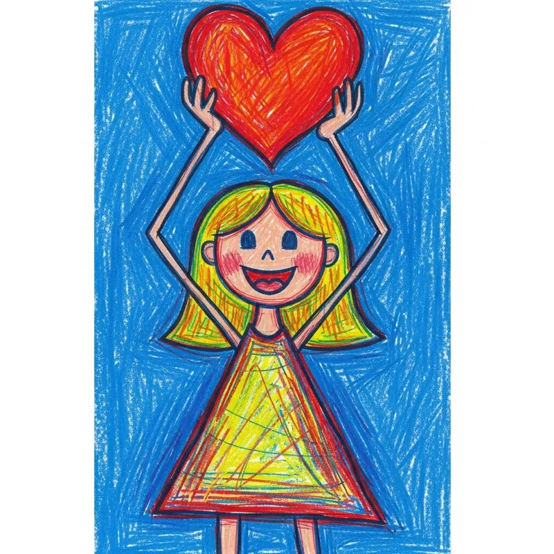 Vivid Crayon Drawing: Child's Heart-Lifting Girl Artwork