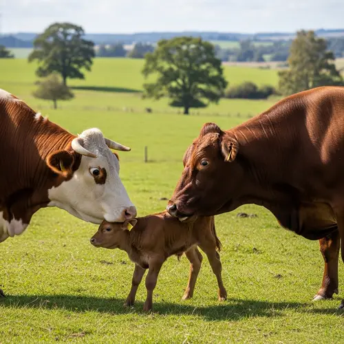 Unusual Interaction Between Animals: Cow and Calf on Grass Field