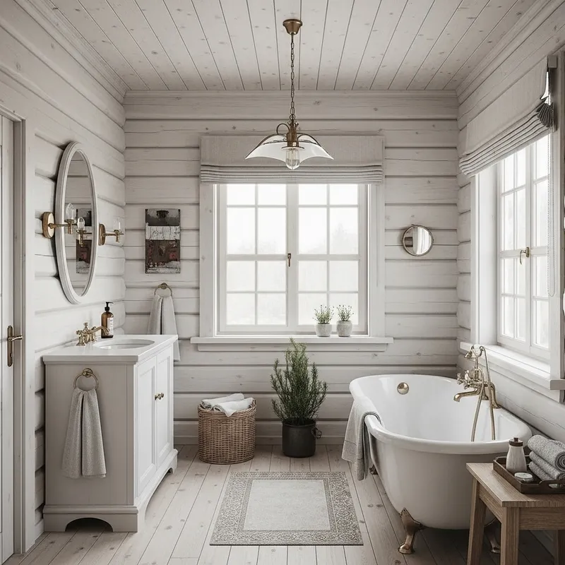 Rustic Log Cabin Bathroom in White and Beige Tones