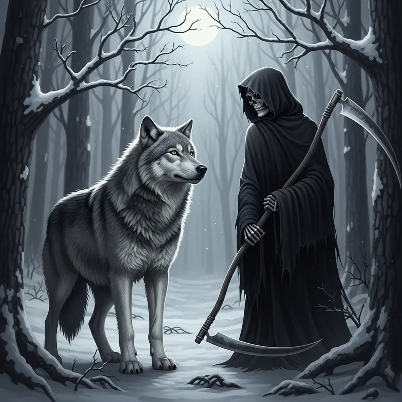 Majestic Wolf Confronts Grim Reaper