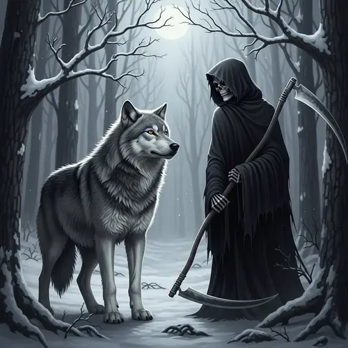 Fearsome Wolf Encounters Grim Reaper in Winter Forest
