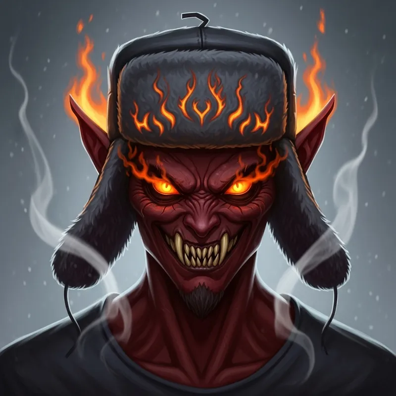 Fiery Demon in Ushanka Hat - Mystical Creature