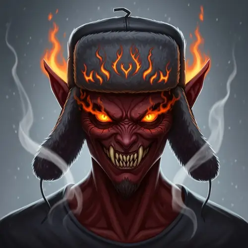 Fiery Demon Character in Russian Ushanka Hat - Otherworldly Being