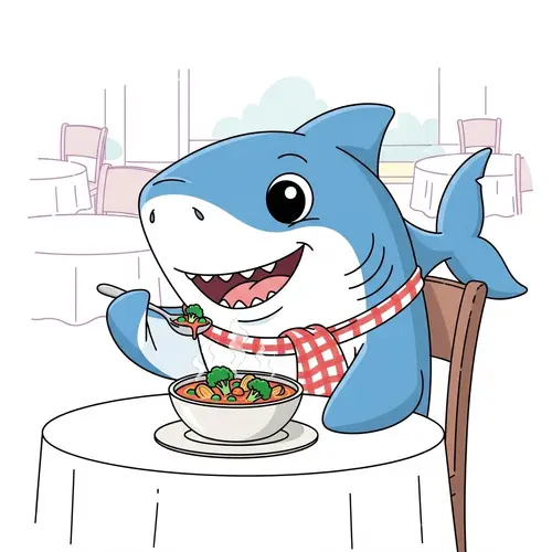 Amicable Shark Enjoying Vegetable Soup at Restaurant