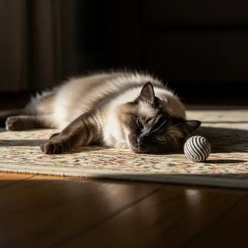 Fluffy Siamese Cat Resting on Vintage Floral Rug
