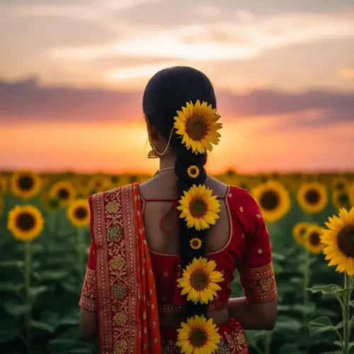 Sunflower Field Portrait: South Asian Girl in Traditional Attire