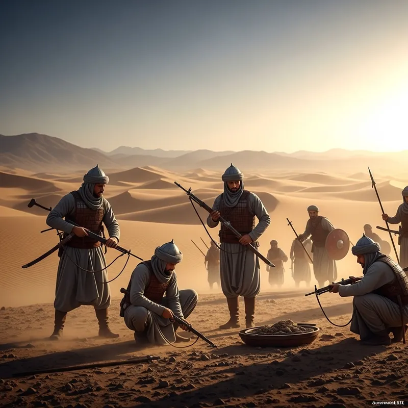 Muslim Warriors Gearing Up in Epic Desert Battle Scene