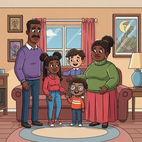 Vibrant Family Cartoon in Peaceful Home Environment
