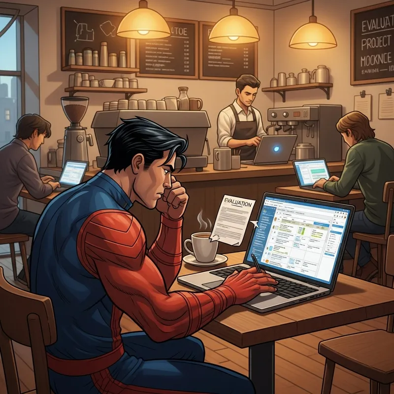 Superhero Superman Doing Project Evaluation with MS Project at Cafe