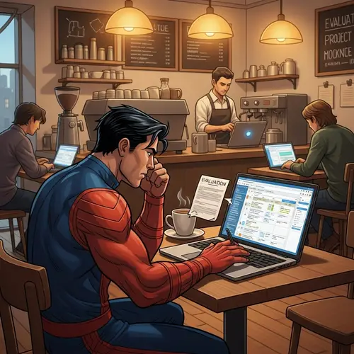 Muscular Comic Book Character Evaluating Projects at Cozy Cafe