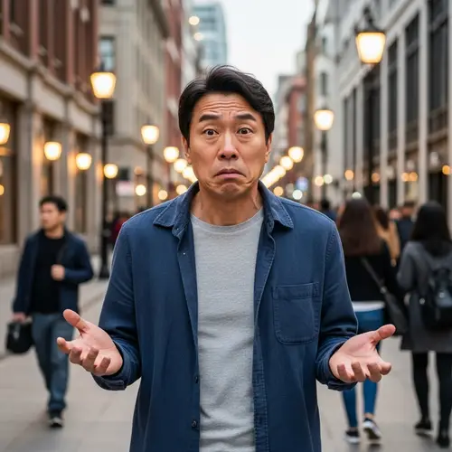 Urban Confusion: Middle-Aged East Asian Man in Casual Attire