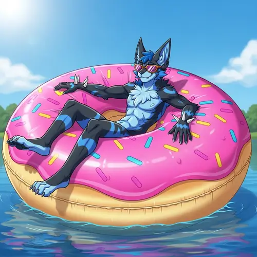 Lucario chilling on giant inflatable donut
