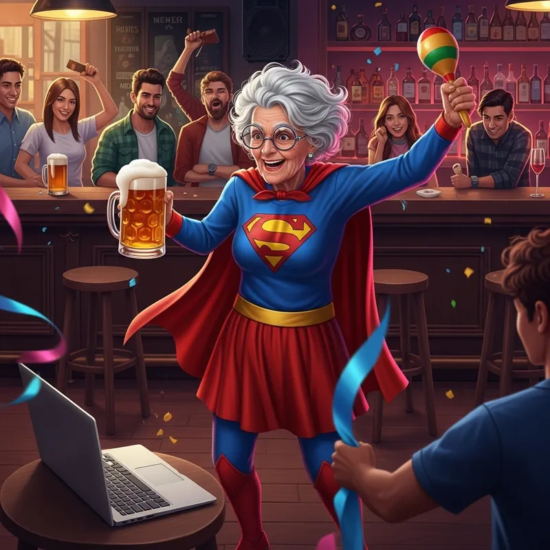 Eccentric Elderly Woman Dances in Bar with Superhero Vibe