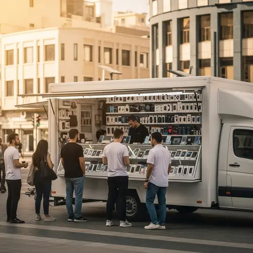 Urban Mobile Shop with Electronic Items in City Street