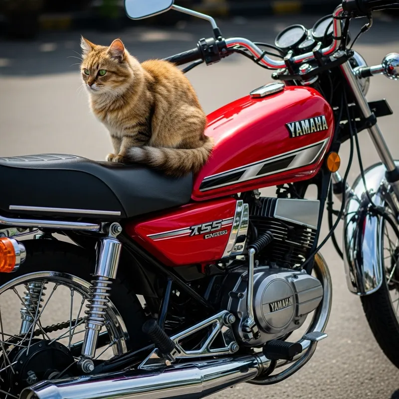Tawny Cat Sitting on Yamaha RX 135 Motorcycle