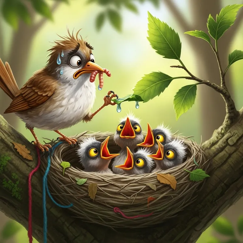 Confused bird struggling with chick care