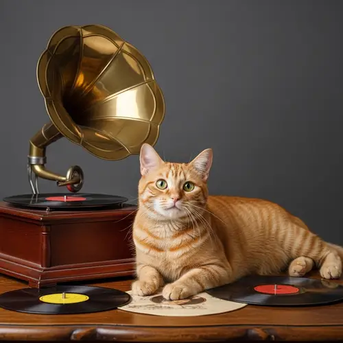 Ginger Cat Enjoying Music on Vintage Gramophone