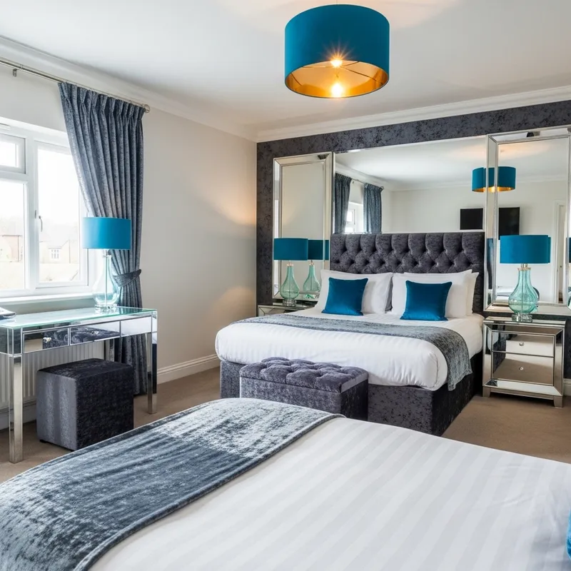 Contemporary Elegant Bedroom with Vibrant Colors and Velvet Accents