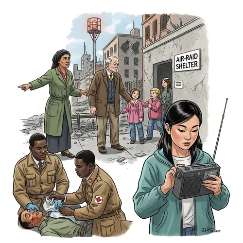 Air-Raid Procedures Illustration: Diverse Individuals Reacting to Alarm