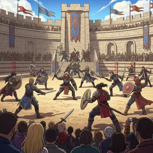 Battle Plaza Warriors in Combat with Audience - Epic Scene