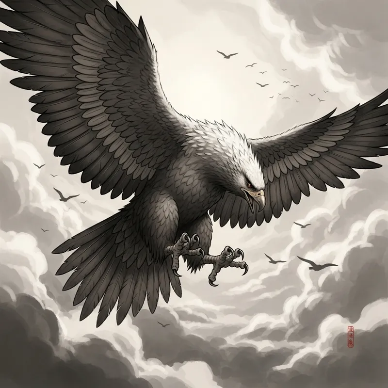 Majestic Semurg: Detailed Ink Wash Painting in Tumultuous Sky