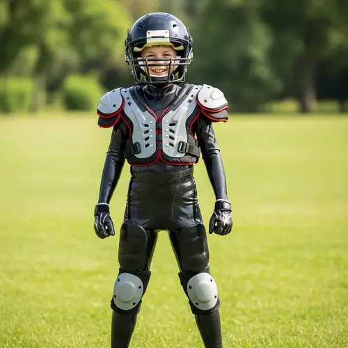 Energetic Young Boy in Football Gear on Green Field
