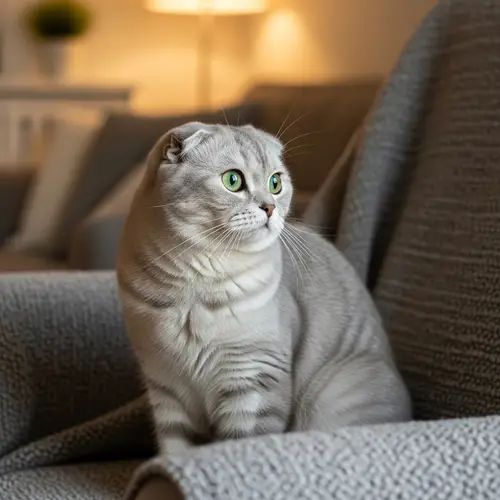 Scottish Fold Cat with Distinct Folded Ears and Grey Fur