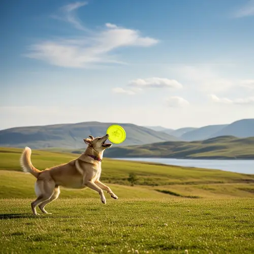 Tranquil Landscape: Playful Dog Catching Frisbee Amid Green Hills