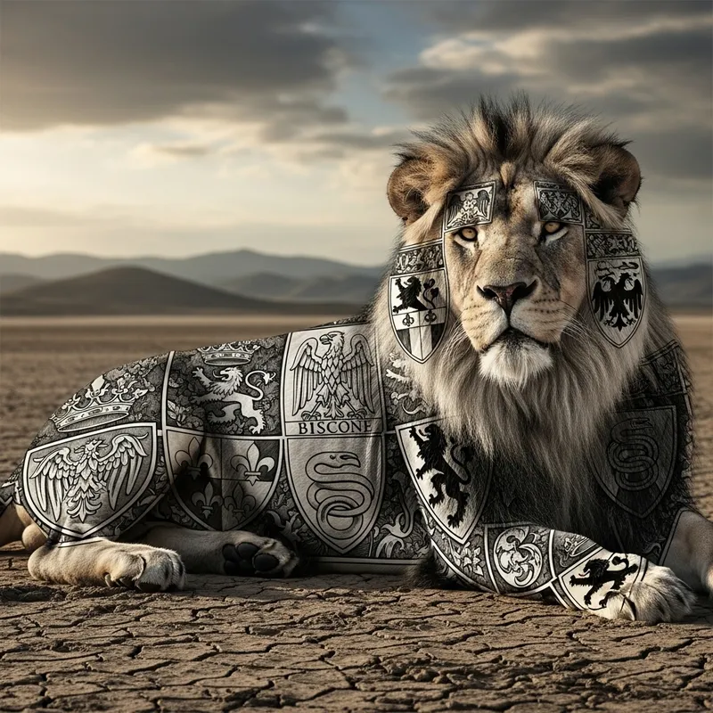 Majestic Lion on Ground with Italian Heraldic Imagery